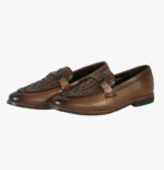 Men’s Brown Leather Tarsel Loafers with Woven Texture