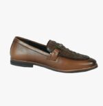 Men’s Brown Leather Tarsel Loafers with Woven Texture - Image 3